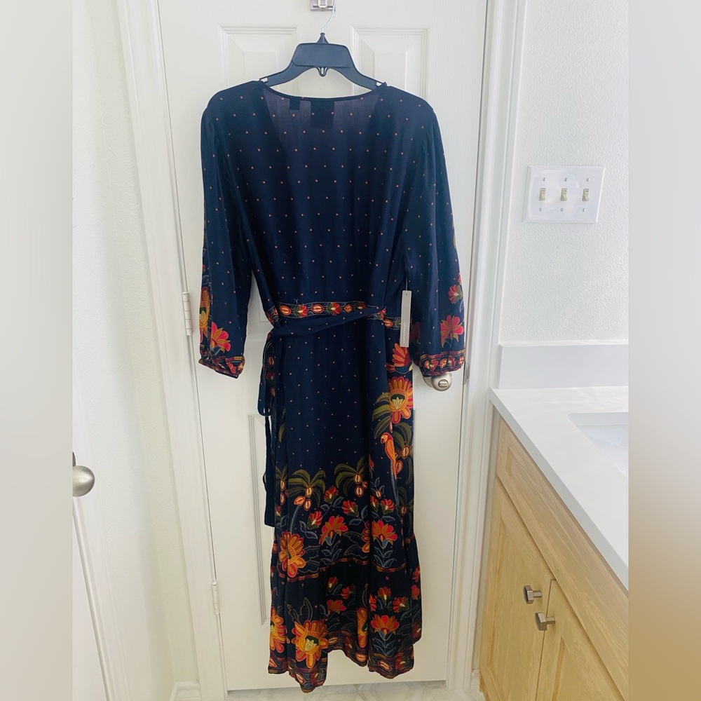 NWT Anthropologie x Farm Rio Navy Orange Floral Wrap Midi Dress XLP - Picture 5 of 12